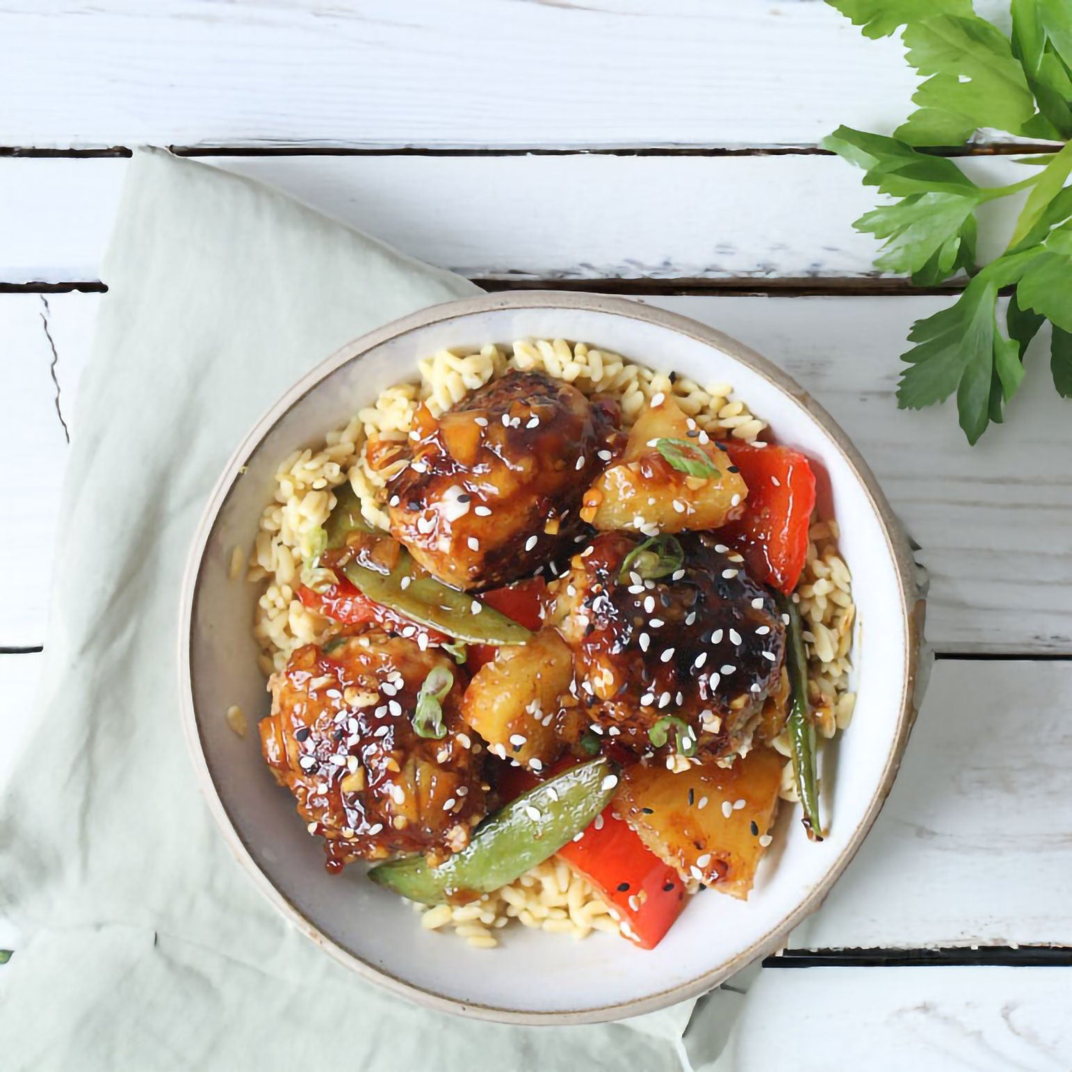 hawaiian chicken meatballs with sweet + spicy sauce